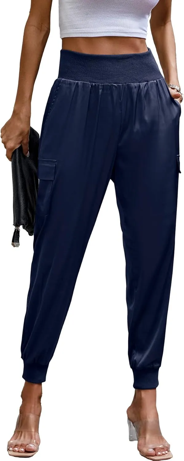 PRETTYGARDEN Women's Satin Jogger Pants Casual Dressy High Waist Long Lounge Pant Trousers Summer Outfits with Pockets