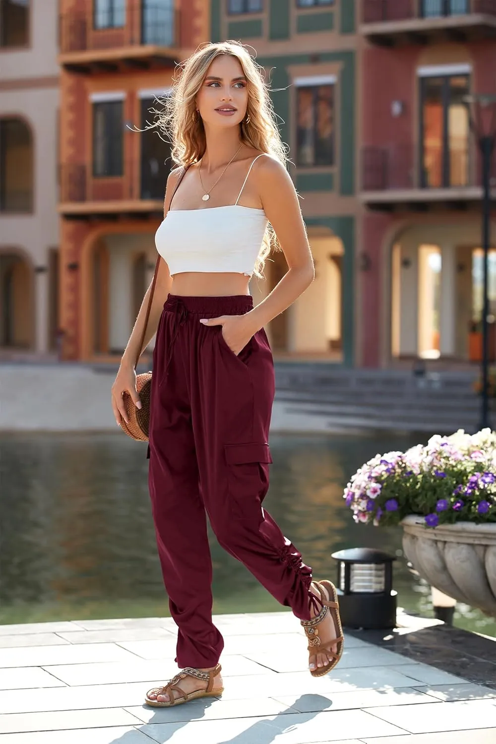 PRETTYGARDEN Women's Satin Jogger Pants Casual Dressy High Waist Long Lounge Pant Trousers Summer Outfits with Pockets