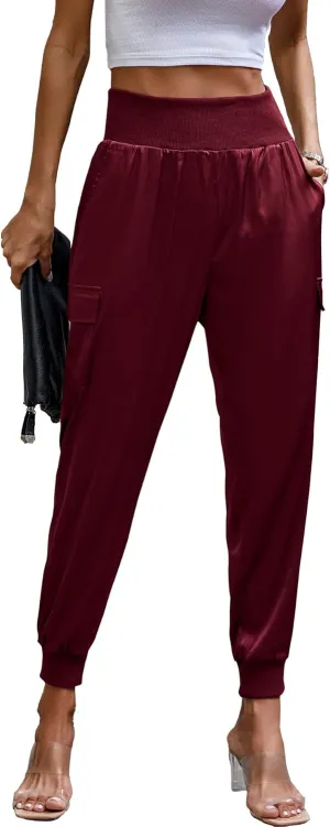 PRETTYGARDEN Women's Satin Jogger Pants Casual Dressy High Waist Long Lounge Pant Trousers Summer Outfits with Pockets