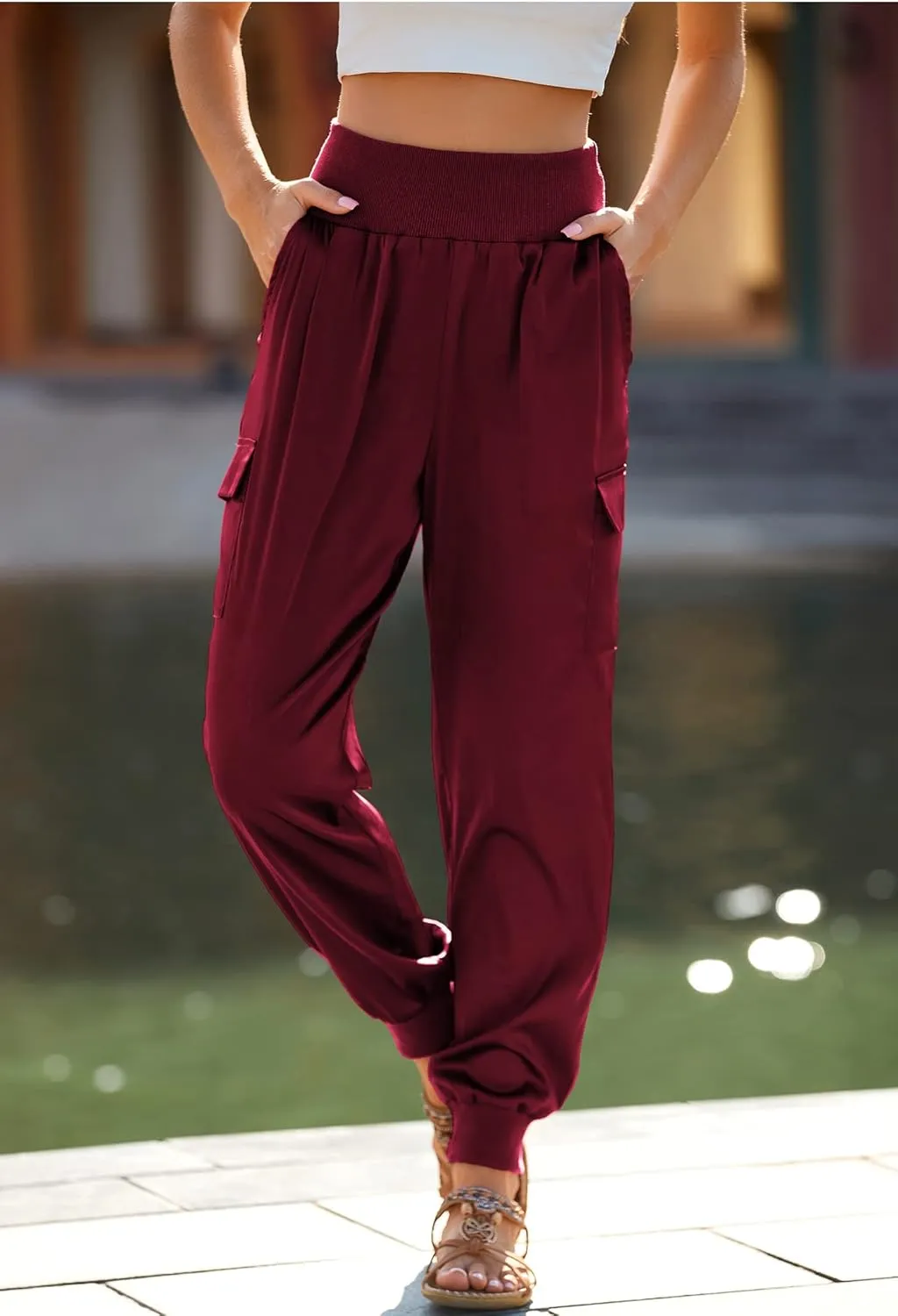 PRETTYGARDEN Women's Satin Jogger Pants Casual Dressy High Waist Long Lounge Pant Trousers Summer Outfits with Pockets