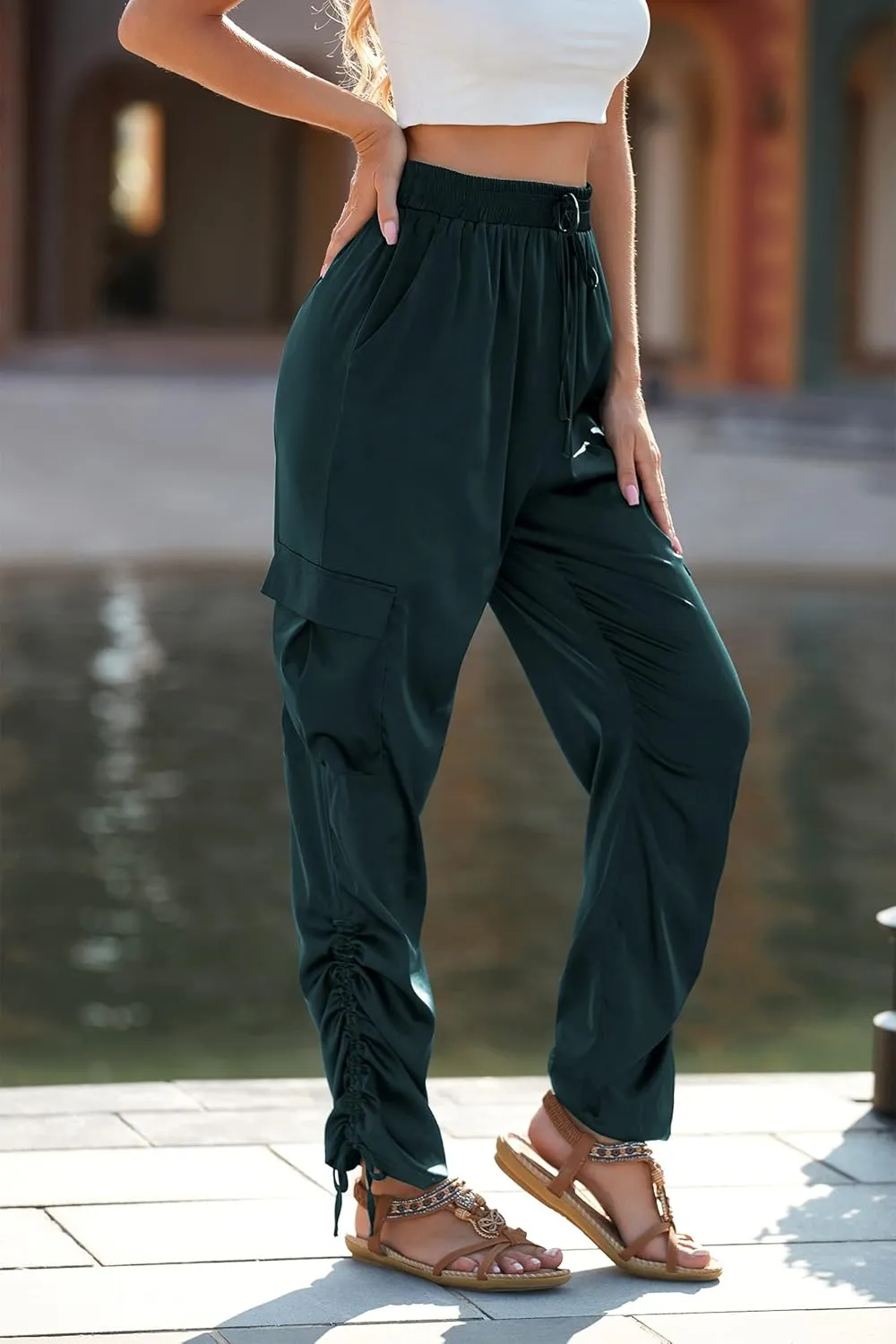 PRETTYGARDEN Women's Satin Jogger Pants Casual Dressy High Waist Long Lounge Pant Trousers Summer Outfits with Pockets