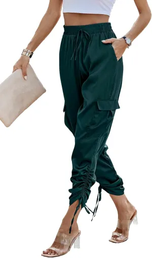 PRETTYGARDEN Women's Satin Jogger Pants Casual Dressy High Waist Long Lounge Pant Trousers Summer Outfits with Pockets