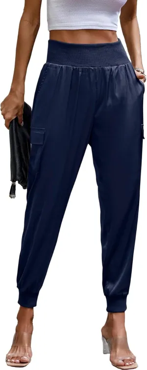 PRETTYGARDEN Women's Satin Jogger Pants Casual Dressy High Waist Long Lounge Pant Trousers Summer Outfits with Pockets