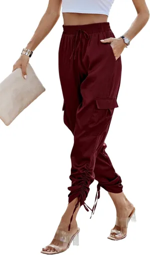 PRETTYGARDEN Women's Satin Jogger Pants Casual Dressy High Waist Long Lounge Pant Trousers Summer Outfits with Pockets