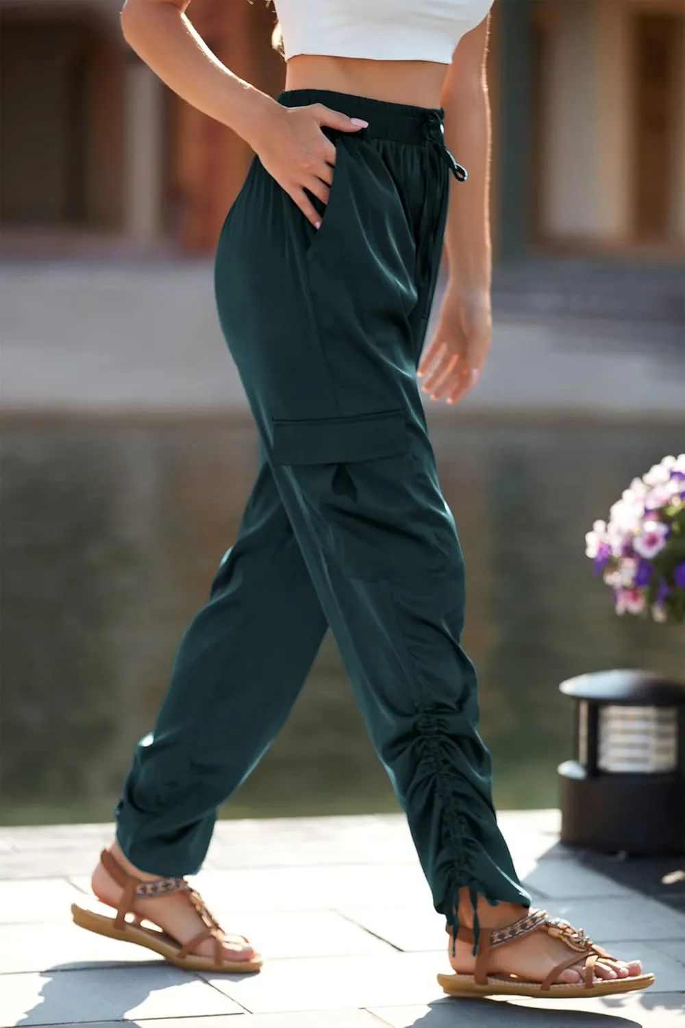 PRETTYGARDEN Women's Satin Jogger Pants Casual Dressy High Waist Long Lounge Pant Trousers Summer Outfits with Pockets