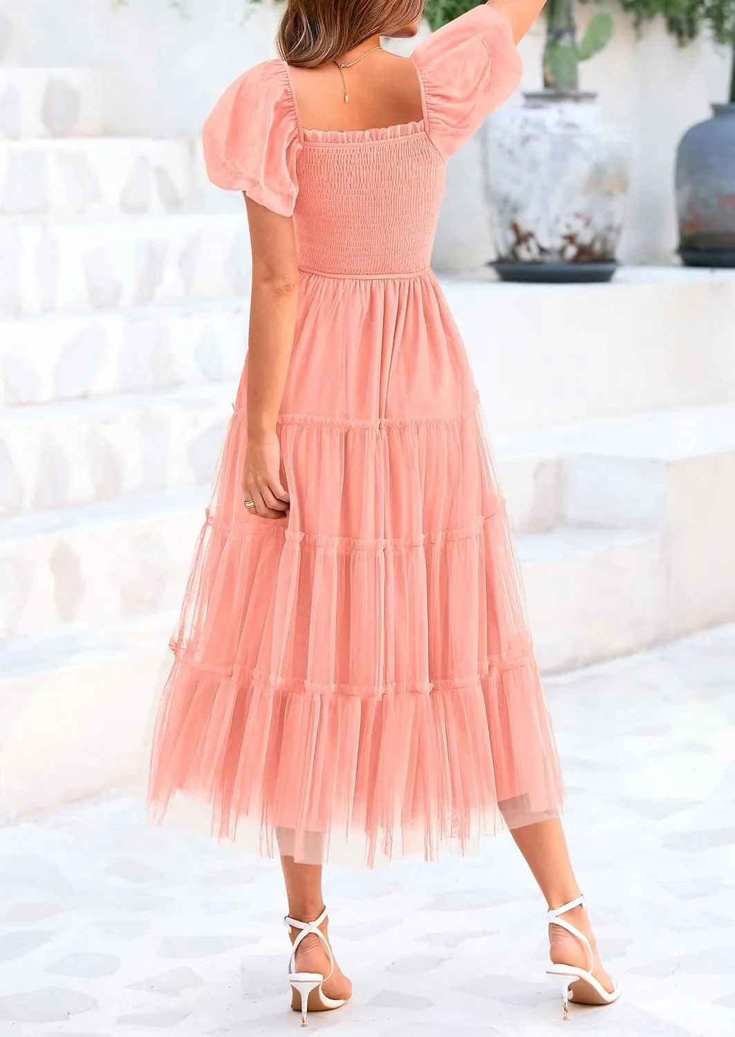 PRETTYGARDEN Women's Smocked Midi Tulle Dress 2025 Summer Puffy Short Sleeve Square Neck Ruffle Wedding Guest Party Dresses
