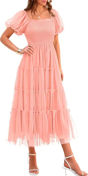 PRETTYGARDEN Women's Smocked Midi Tulle Dress 2025 Summer Puffy Short Sleeve Square Neck Ruffle Wedding Guest Party Dresses