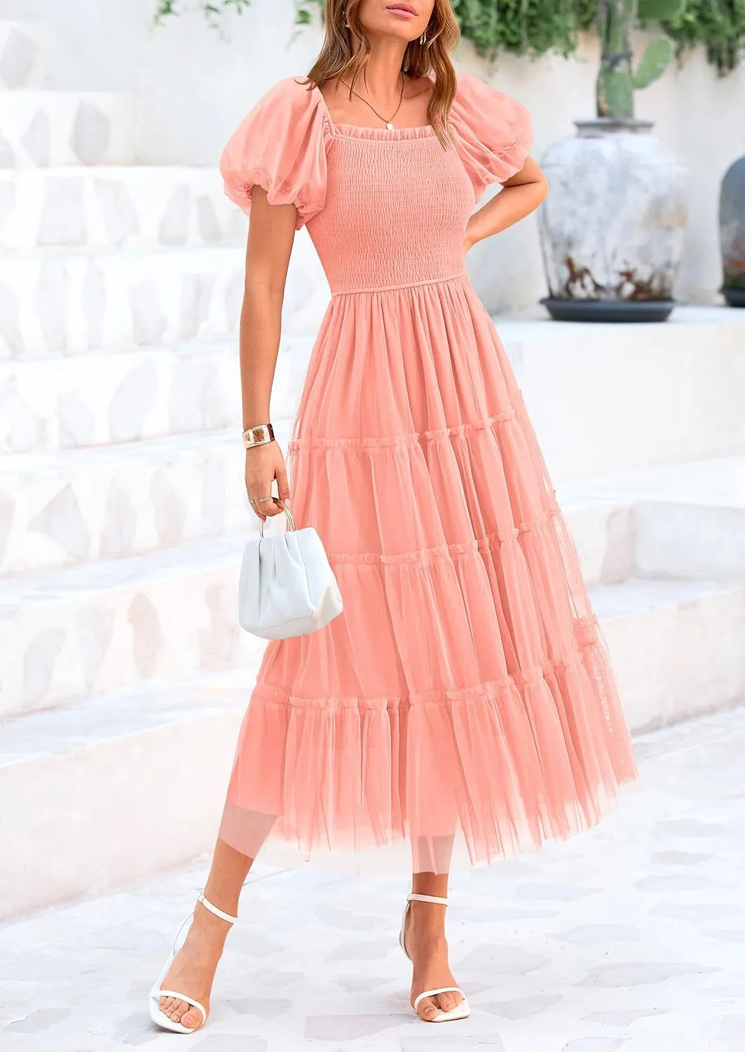 PRETTYGARDEN Women's Smocked Midi Tulle Dress 2025 Summer Puffy Short Sleeve Square Neck Ruffle Wedding Guest Party Dresses