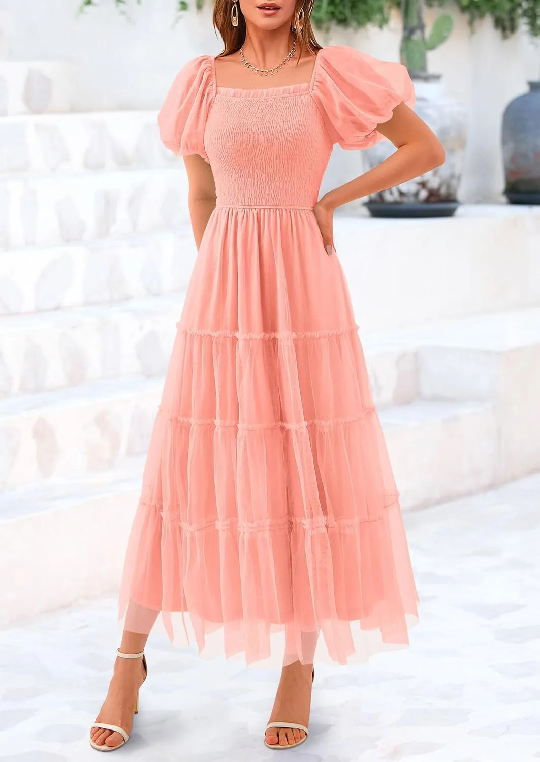 PRETTYGARDEN Women's Smocked Midi Tulle Dress 2025 Summer Puffy Short Sleeve Square Neck Ruffle Wedding Guest Party Dresses