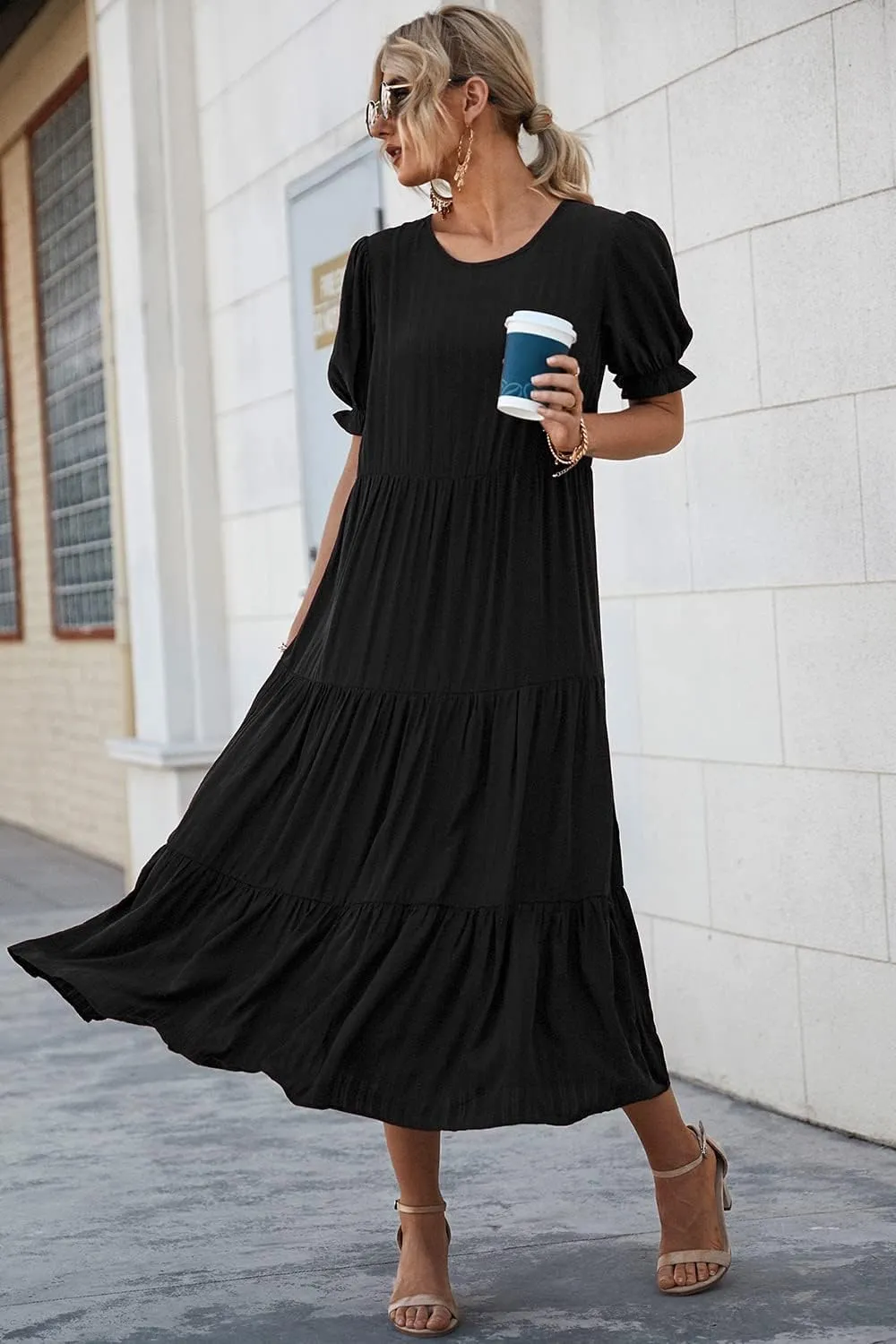PRETTYGARDEN Women's Summer Casual Floral Boho Dress Puff Short Sleeve Ruffle Flowy Beach Party Midi Dresses