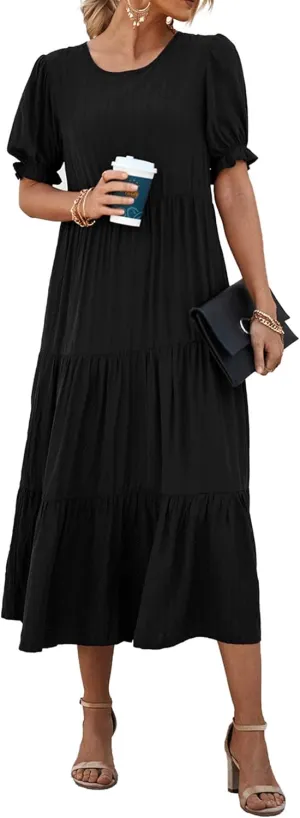 PRETTYGARDEN Women's Summer Casual Floral Boho Dress Puff Short Sleeve Ruffle Flowy Beach Party Midi Dresses