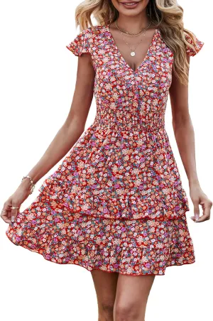 PRETTYGARDEN Womens Summer Mini Dresses Boho Floral Ruffle Cap Sleeve Tiered Dress Smocked Waist A Line Beach Short Sundress