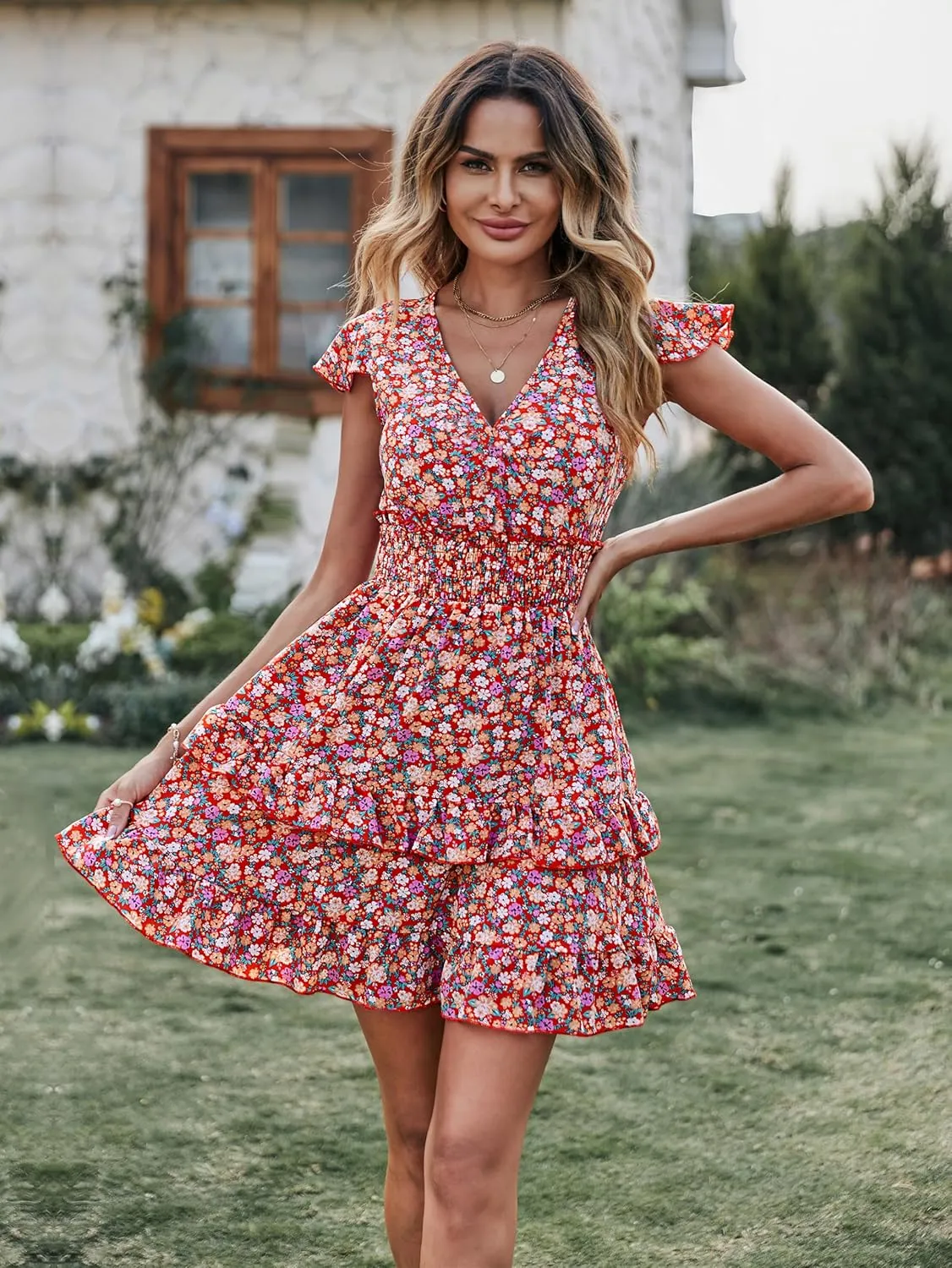 PRETTYGARDEN Womens Summer Mini Dresses Boho Floral Ruffle Cap Sleeve Tiered Dress Smocked Waist A Line Beach Short Sundress