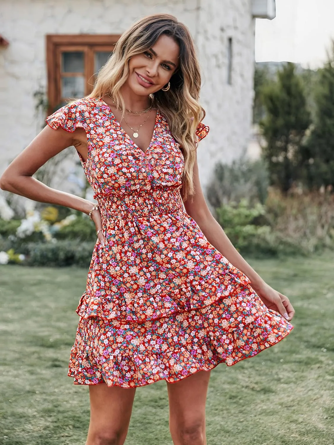 PRETTYGARDEN Womens Summer Mini Dresses Boho Floral Ruffle Cap Sleeve Tiered Dress Smocked Waist A Line Beach Short Sundress