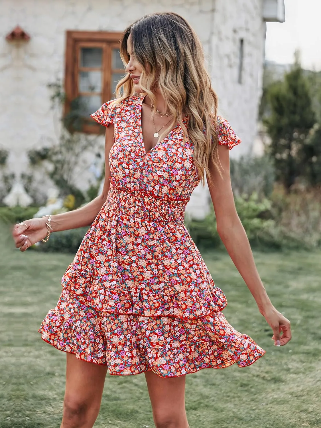 PRETTYGARDEN Womens Summer Mini Dresses Boho Floral Ruffle Cap Sleeve Tiered Dress Smocked Waist A Line Beach Short Sundress