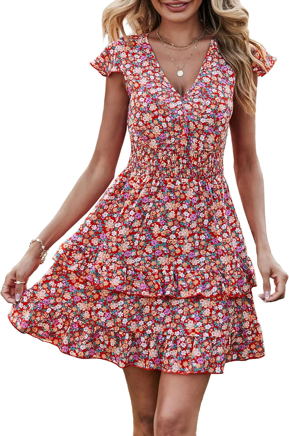 PRETTYGARDEN Womens Summer Mini Dresses Boho Floral Ruffle Cap Sleeve Tiered Dress Smocked Waist A Line Beach Short Sundress
