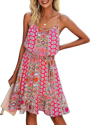 PRETTYGARDEN Women's Summer Mini Sundress Casual Spaghetti Strap Dresses Floral Sleeveless Ruffle Short Dress with Belt
