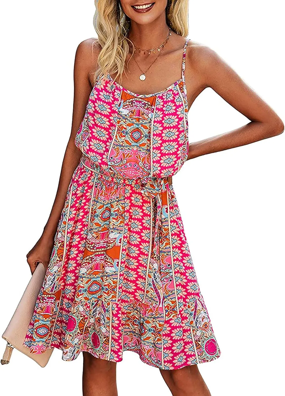 PRETTYGARDEN Women's Summer Mini Sundress Casual Spaghetti Strap Dresses Floral Sleeveless Ruffle Short Dress with Belt