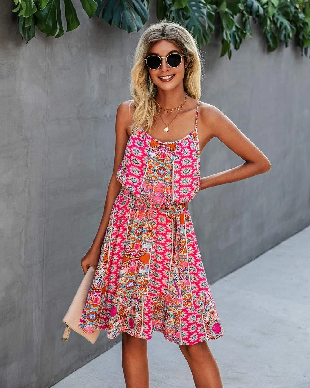PRETTYGARDEN Women's Summer Mini Sundress Casual Spaghetti Strap Dresses Floral Sleeveless Ruffle Short Dress with Belt