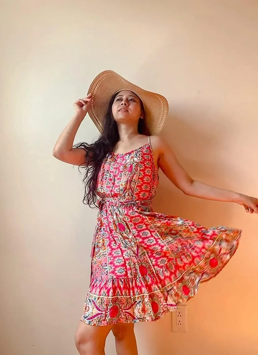 PRETTYGARDEN Women's Summer Mini Sundress Casual Spaghetti Strap Dresses Floral Sleeveless Ruffle Short Dress with Belt