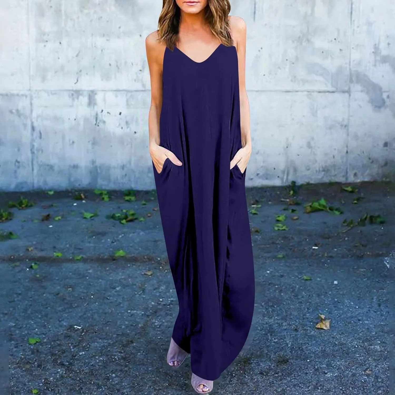PTOLOCIF Dresses for Women 2025 Spaghetti Strap Backless Beach Tank Dress Casual Flowy Tired V Neck Maxi Dress with Pockets