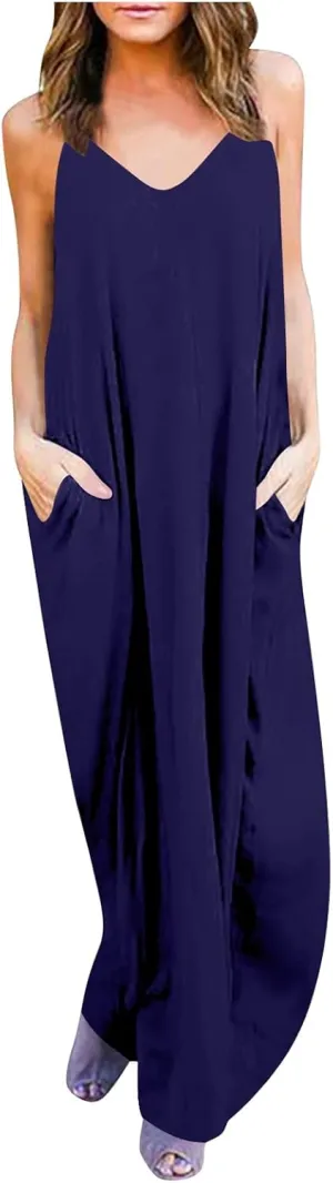 PTOLOCIF Dresses for Women 2025 Spaghetti Strap Backless Beach Tank Dress Casual Flowy Tired V Neck Maxi Dress with Pockets