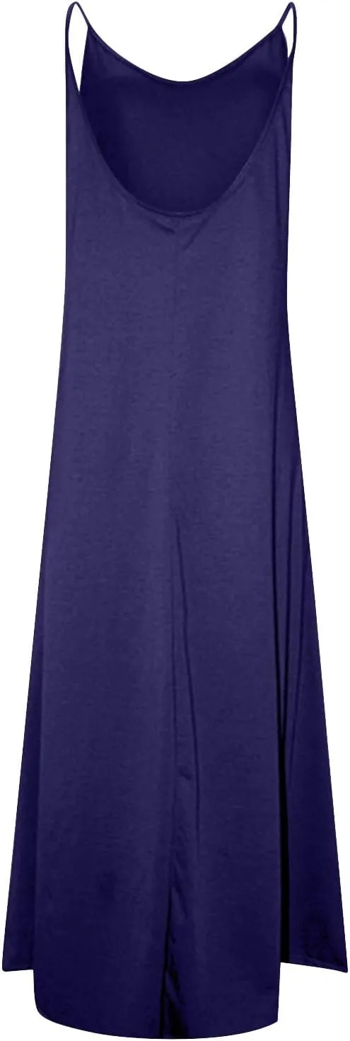 PTOLOCIF Dresses for Women 2025 Spaghetti Strap Backless Beach Tank Dress Casual Flowy Tired V Neck Maxi Dress with Pockets
