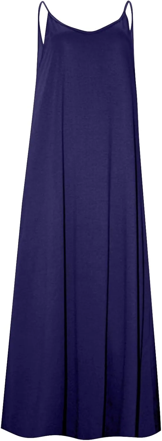 PTOLOCIF Dresses for Women 2025 Spaghetti Strap Backless Beach Tank Dress Casual Flowy Tired V Neck Maxi Dress with Pockets