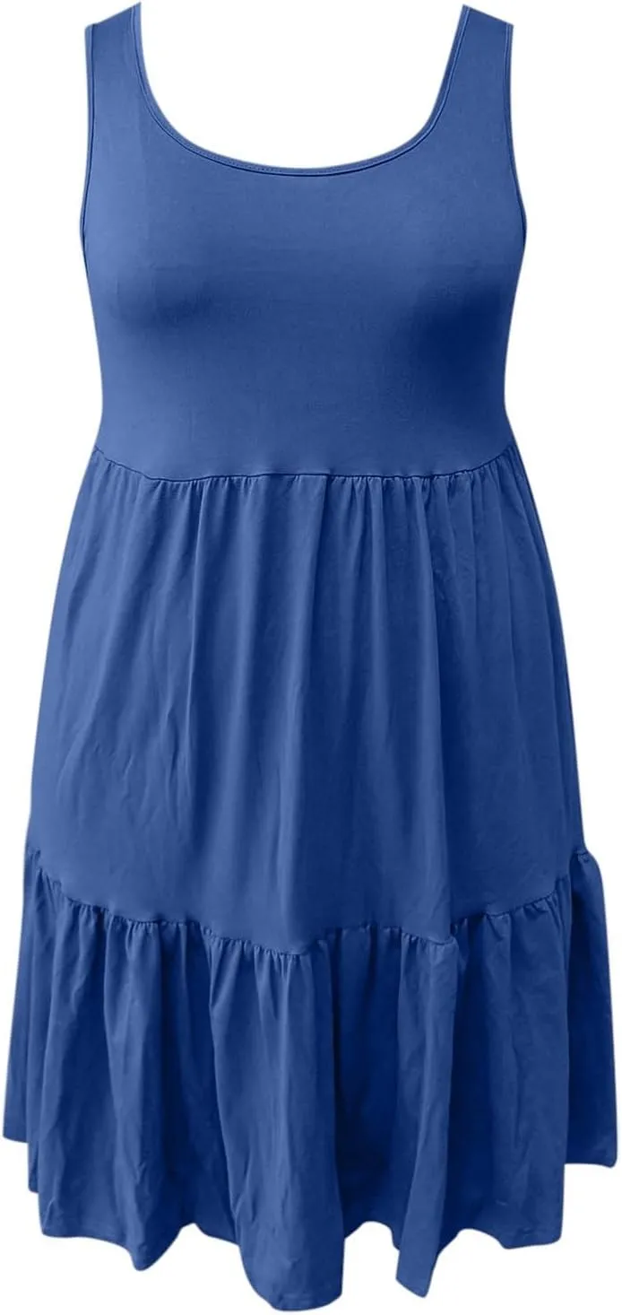 PTOLOCIF Plus Size Dresses for Curvy Women Casual Tank Dress Sleeveless V Neck T Shirt Sundress Flowy Tiered Swing Mini
