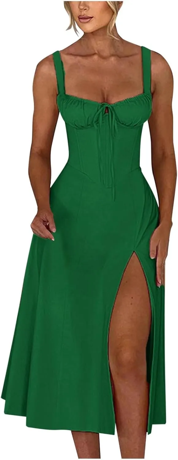 PTOLOCIF Sexy Sundresses for Women 2025 Summer Spaghetti Strap Dress Sleeveless Low Cut Bust Dress Beach Party Maxi Dresses