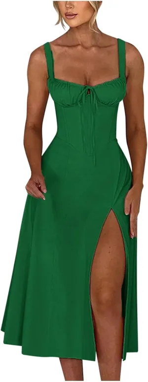 PTOLOCIF Sexy Sundresses for Women 2025 Summer Spaghetti Strap Dress Sleeveless Low Cut Bust Dress Beach Party Maxi Dresses
