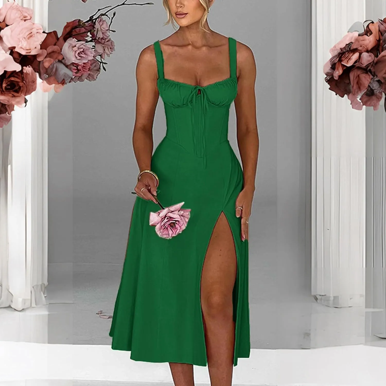 PTOLOCIF Sexy Sundresses for Women 2025 Summer Spaghetti Strap Dress Sleeveless Low Cut Bust Dress Beach Party Maxi Dresses