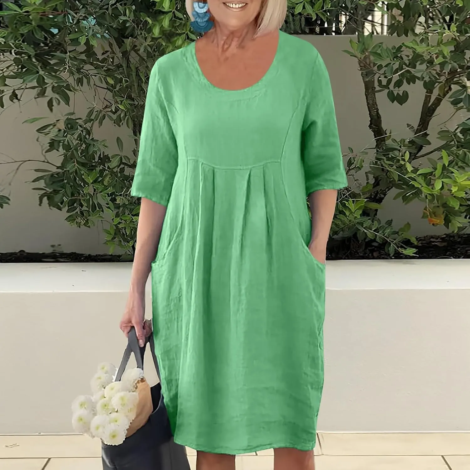 PTOLOCIF Summer Dresses for Women Solid Color Cotton Linen Pockets Tunic Midi Dress Mini Dress