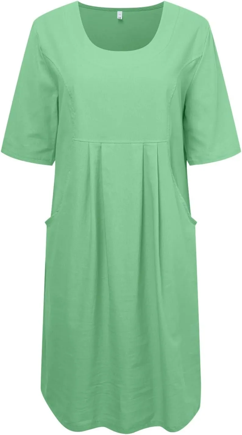 PTOLOCIF Summer Dresses for Women Solid Color Cotton Linen Pockets Tunic Midi Dress Mini Dress