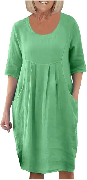 PTOLOCIF Summer Dresses for Women Solid Color Cotton Linen Pockets Tunic Midi Dress Mini Dress