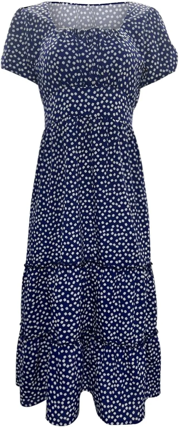 PTOLOCIF Women 2024 Casual Maxi Dress Casual Square Neck Ruffle Smocked Boho Flowy Dress Short Sleeve Floral Print Sundresses