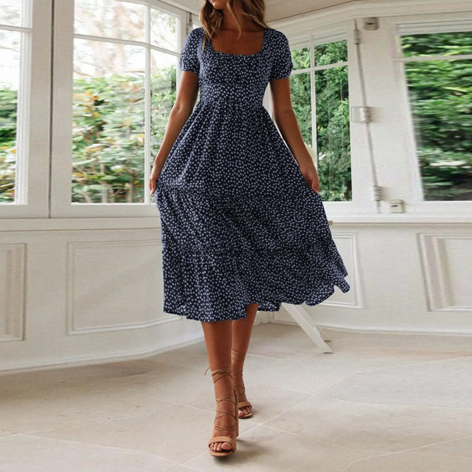 PTOLOCIF Women 2024 Casual Maxi Dress Casual Square Neck Ruffle Smocked Boho Flowy Dress Short Sleeve Floral Print Sundresses