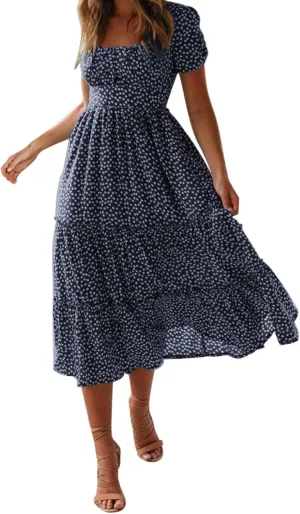 PTOLOCIF Women 2024 Casual Maxi Dress Casual Square Neck Ruffle Smocked Boho Flowy Dress Short Sleeve Floral Print Sundresses