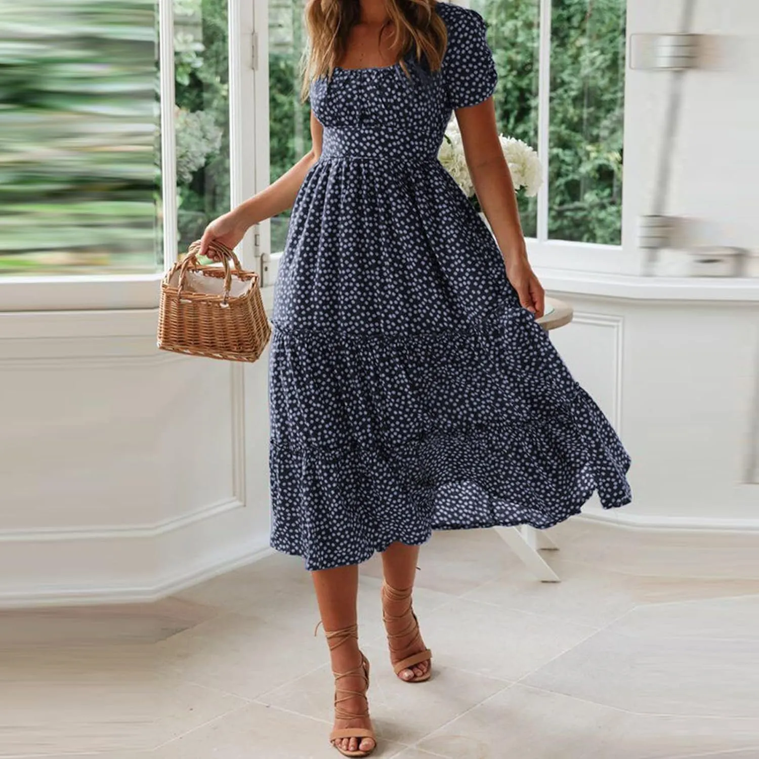 PTOLOCIF Women 2024 Casual Maxi Dress Casual Square Neck Ruffle Smocked Boho Flowy Dress Short Sleeve Floral Print Sundresses