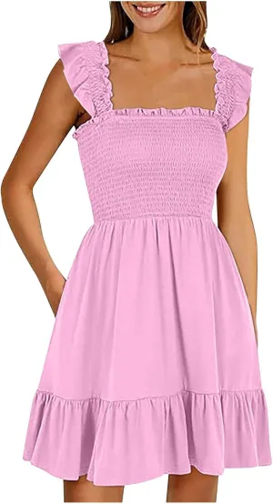 PTOLOCIF Womens Summer Casual Sleeveless Square Neck Smocked Ruffle Backless Boho Short Mini Casual Fall Work Dresses for
