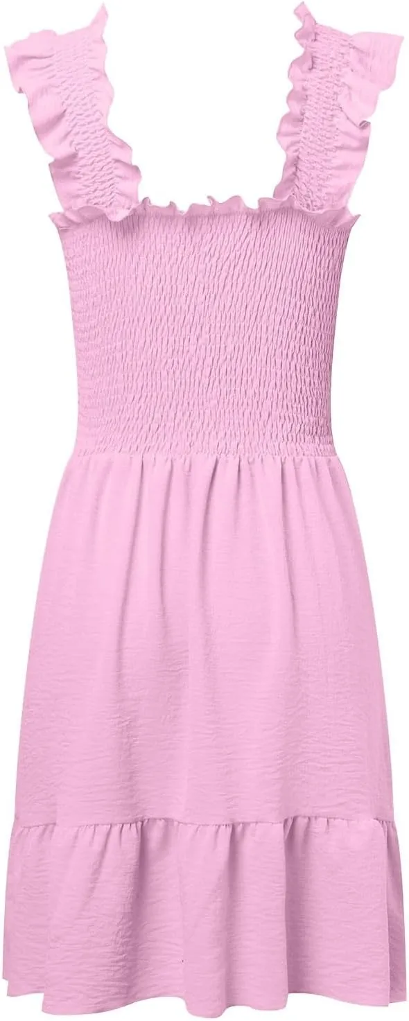 PTOLOCIF Womens Summer Casual Sleeveless Square Neck Smocked Ruffle Backless Boho Short Mini Casual Fall Work Dresses for