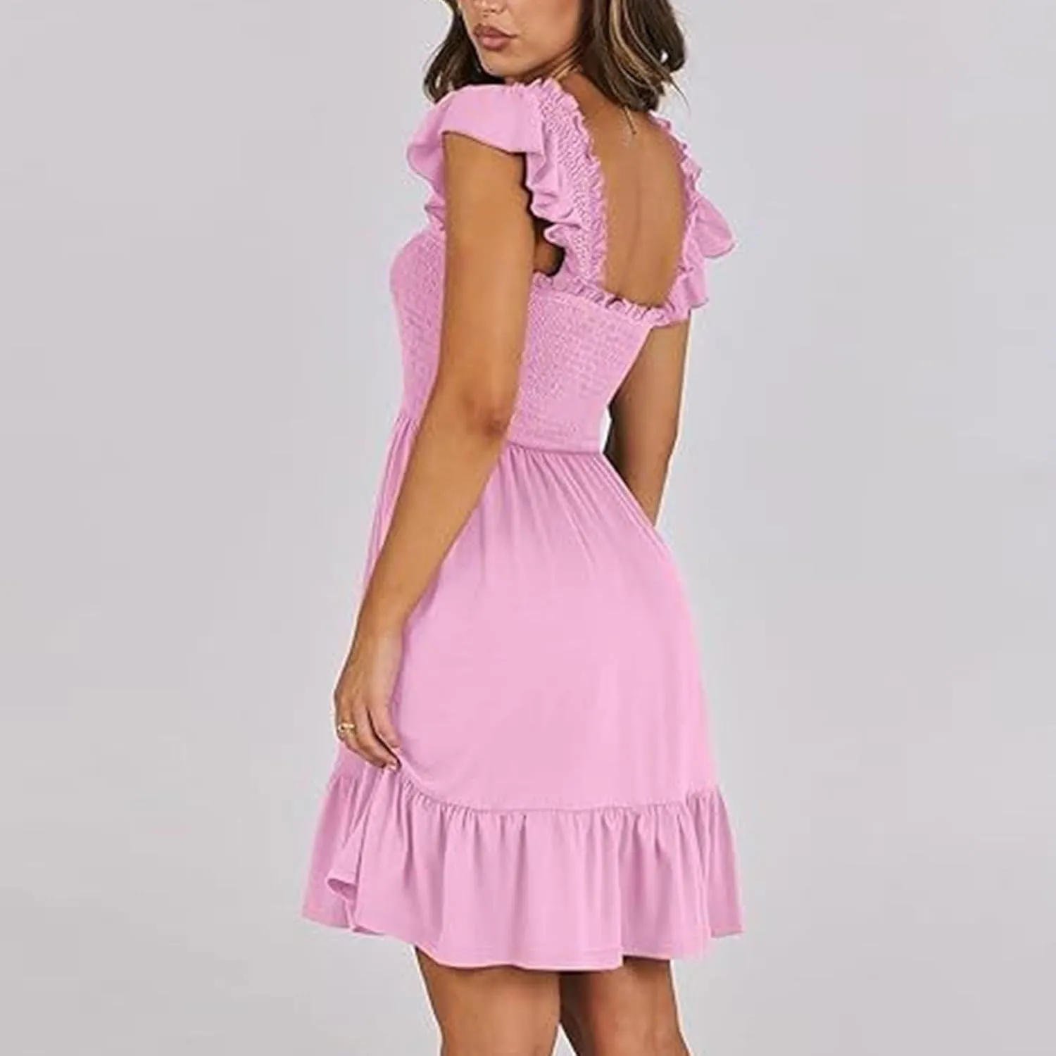 PTOLOCIF Womens Summer Casual Sleeveless Square Neck Smocked Ruffle Backless Boho Short Mini Casual Fall Work Dresses for