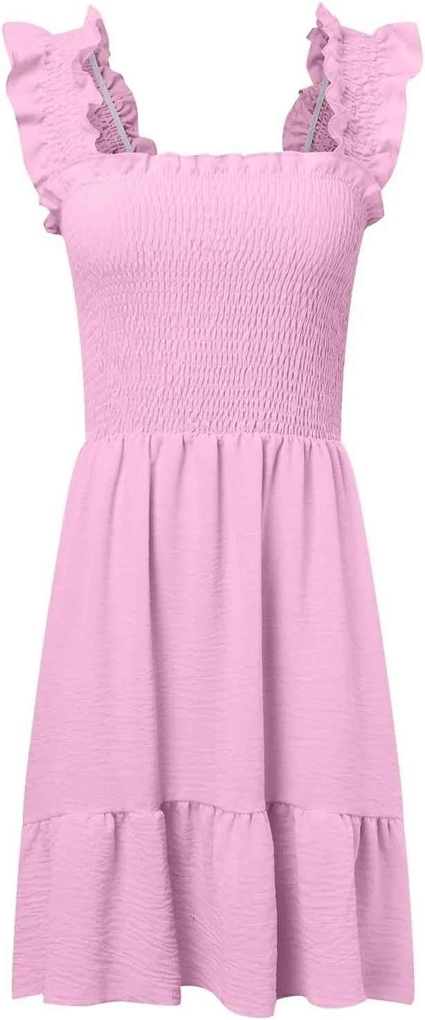 PTOLOCIF Womens Summer Casual Sleeveless Square Neck Smocked Ruffle Backless Boho Short Mini Casual Fall Work Dresses for