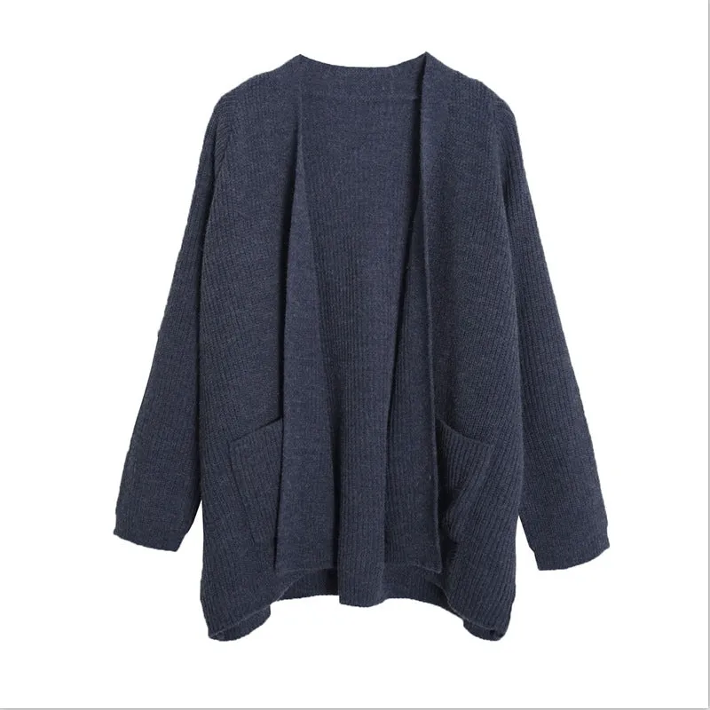 Pure Color Long Sleeves Loose Pockets V-neck Cardigan