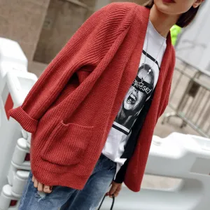 Pure Color Long Sleeves Loose Pockets V-neck Cardigan
