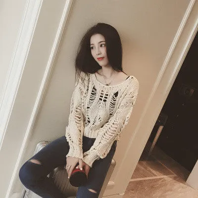 Pure Color Long Sleeves Scoop Hollow Out Short Sweater