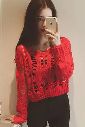 Pure Color Long Sleeves Scoop Hollow Out Short Sweater