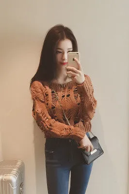 Pure Color Long Sleeves Scoop Hollow Out Short Sweater