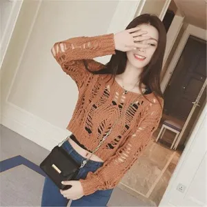Pure Color Long Sleeves Scoop Hollow Out Short Sweater