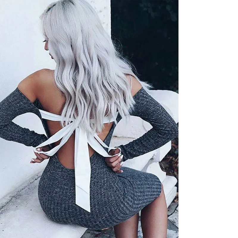 Pure Color Long Sleeves V-neck Backless Long Split Sweater